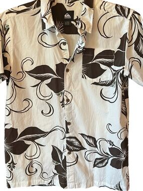 Quiksilver Men’s White & Brown Tropical Button-Down Shirt